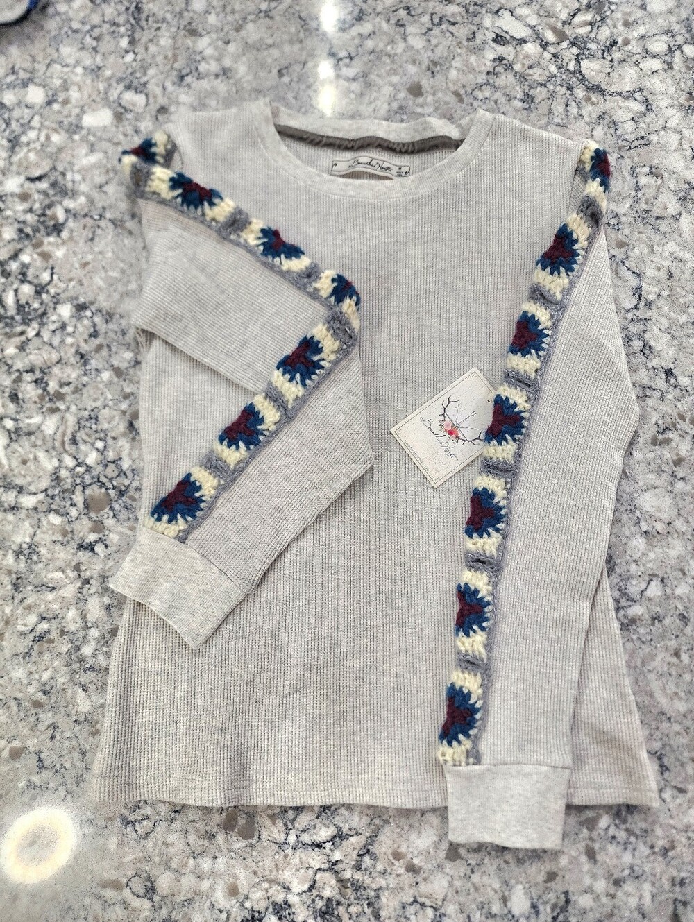 Brand New Long Sleeve Heather Gray Knit Top with Retro Boho Crochet Trim Medium